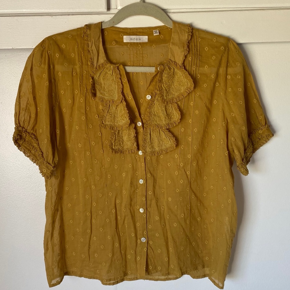 Doen Mustard Yellow Ruffled Dot Button-Up Blouse - Picture 2 of 3